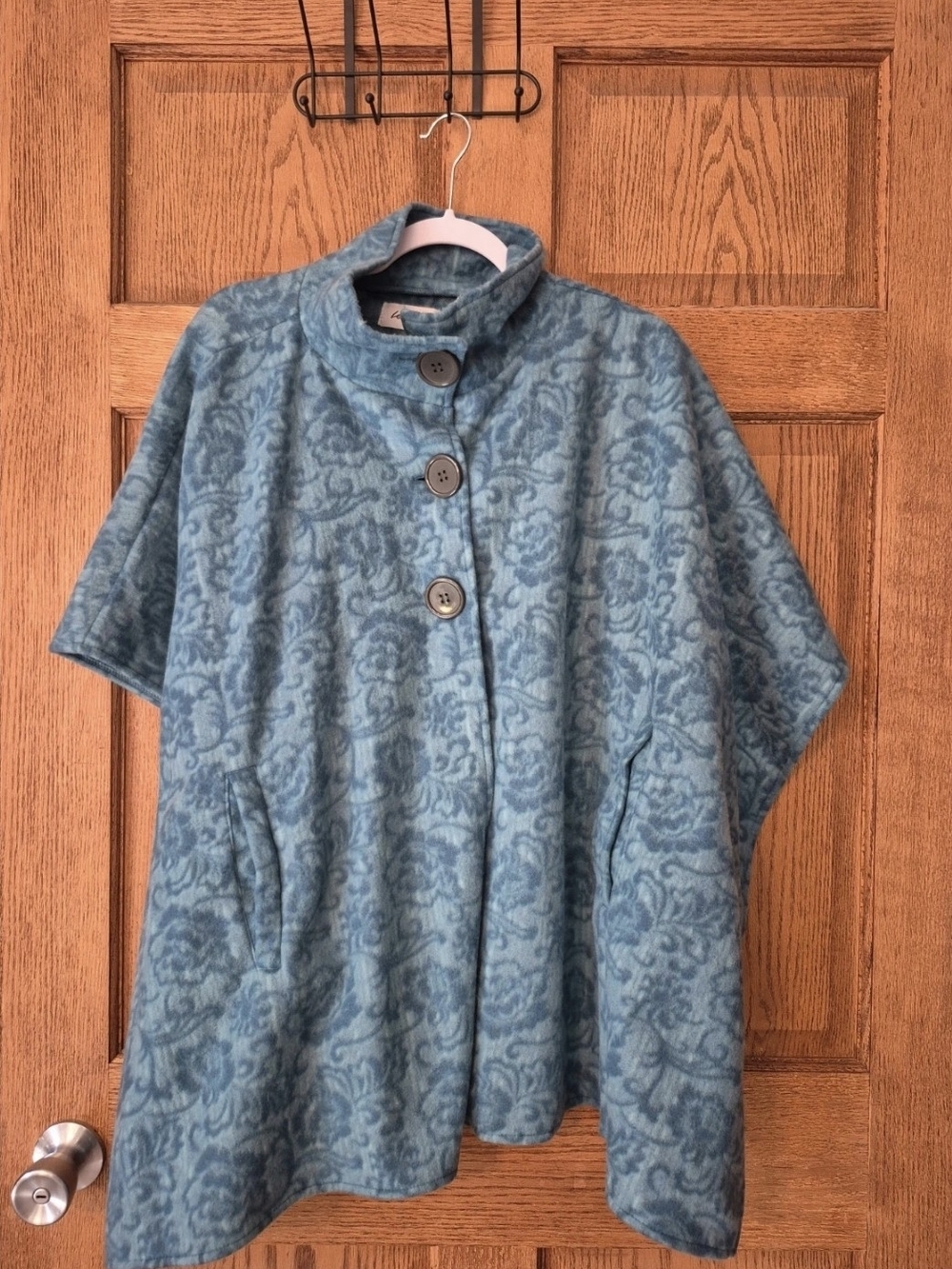 Teal Floral Patterned Women's Button Front Cape Coat Poncho